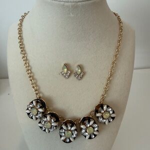 Gold-Tone Floral Statement Necklace and Earring Set - Pale Yellow Accents